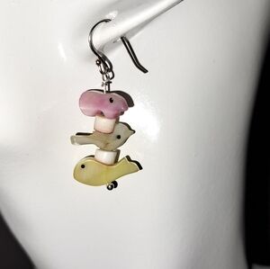 Handmade Mother of Pearl Carved Animal & Shell Bead Earrings in Sterling Silver